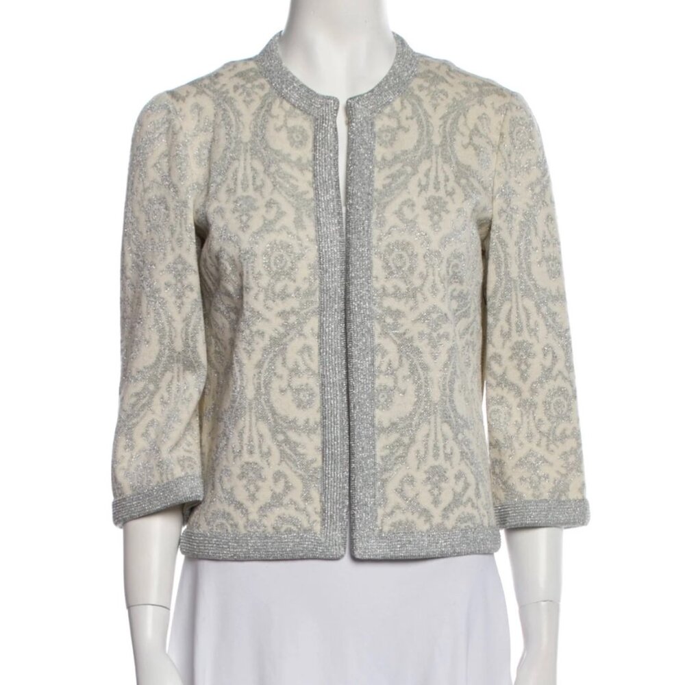 Vintage Tannel Knits Ivory & Matallic Silver Cardigan Sweater Size S